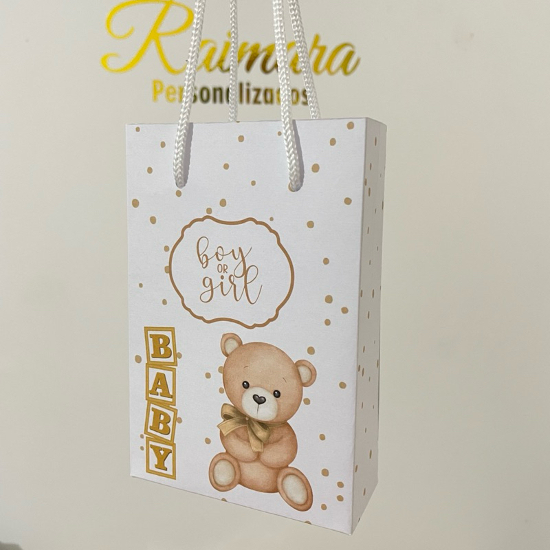 Sacolinha Personalizada  Aniversário Pegue e Monte - Ursinho Neutro Chá Revelação Marrom