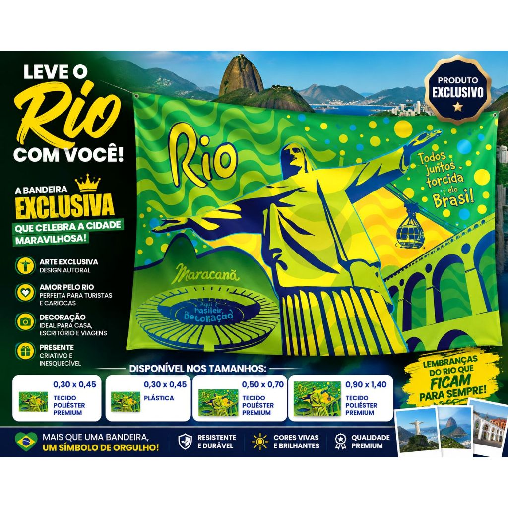 Bandeira Tecido Rio Cristo Redentor sem Haste Verde e Amarela 50x70