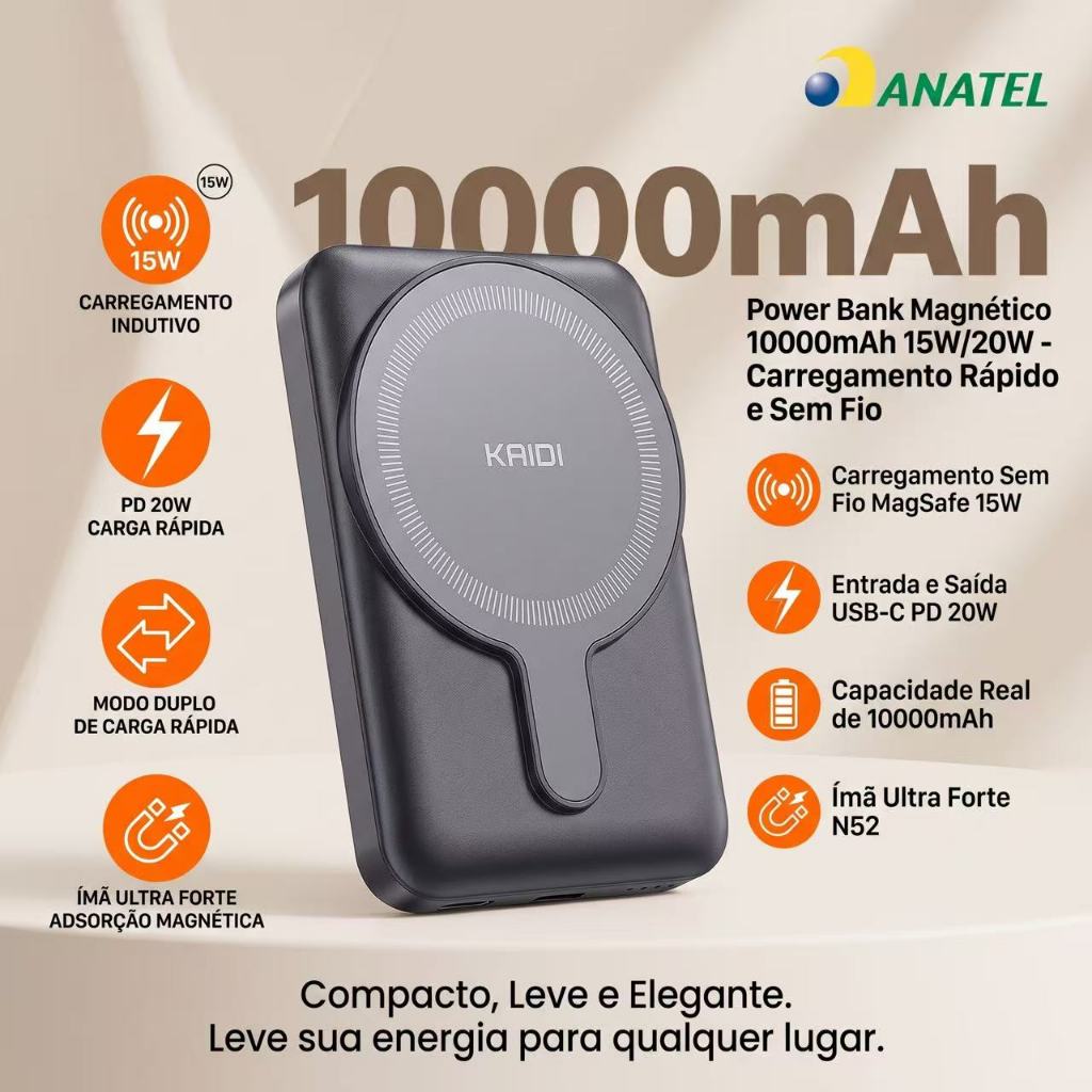 Carregador PowerBank 10000mAh Portátil KAIDI PB-8901 Premium Indução Magnética e Carregamento Rápido