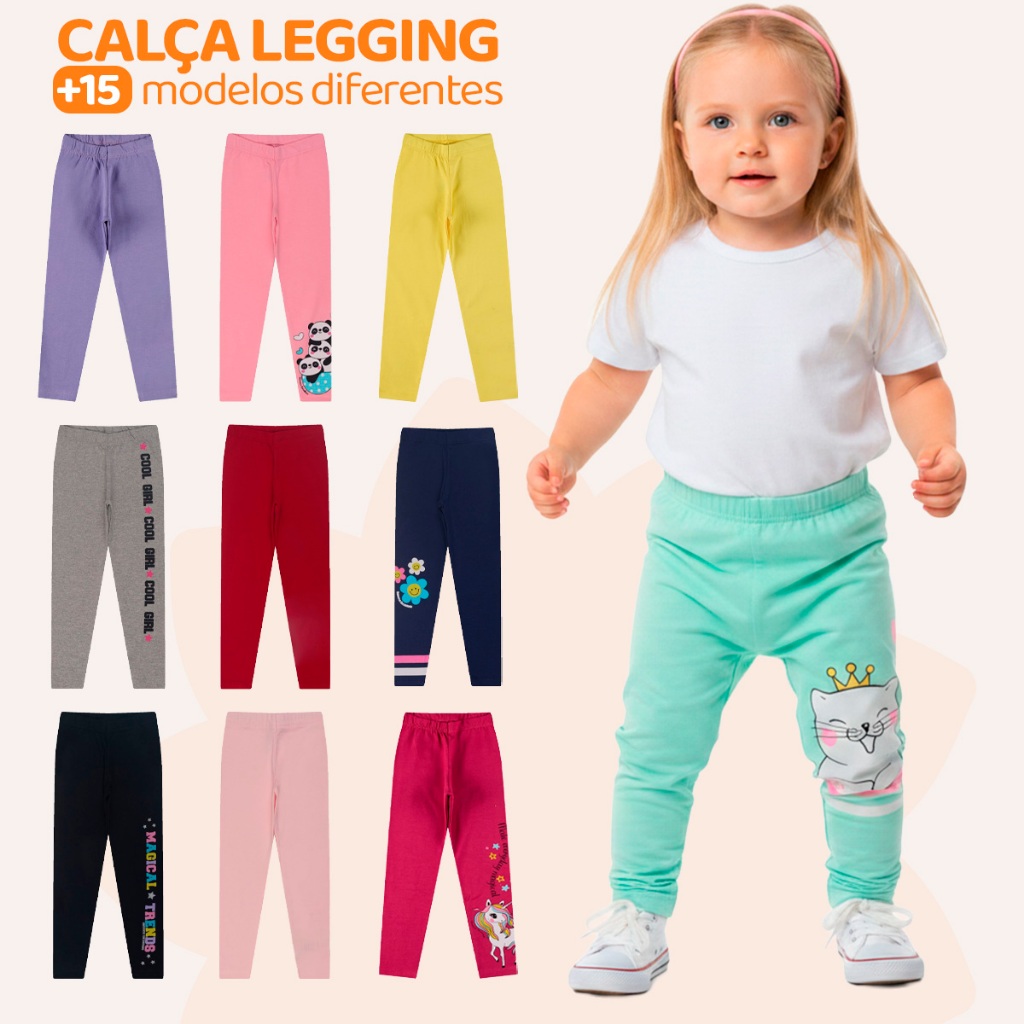 Kit Sortido 3 ou 6 Calças Leggings de Cotton para Bebês Meninas Infantil Feminino Com Estampas Fofas