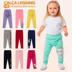 Kit Sortido 3 ou 6 Calças Leggings de Cotton para Bebês Meninas Infantil Feminino Com Estampas Fofas