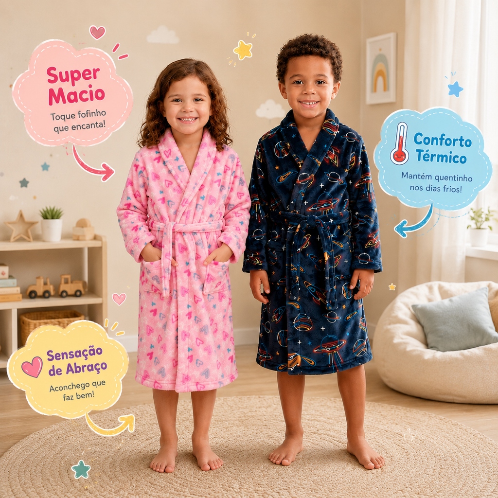 Roupão Benévola Infantil Menina Menino Microfibra Quentinho Macio Térmico Inverno Aveludado Fleece