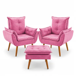 Jogo 02 Poltronas Cadeira Estofada Suede Várias Cores + Puff Opalla Pés Palito