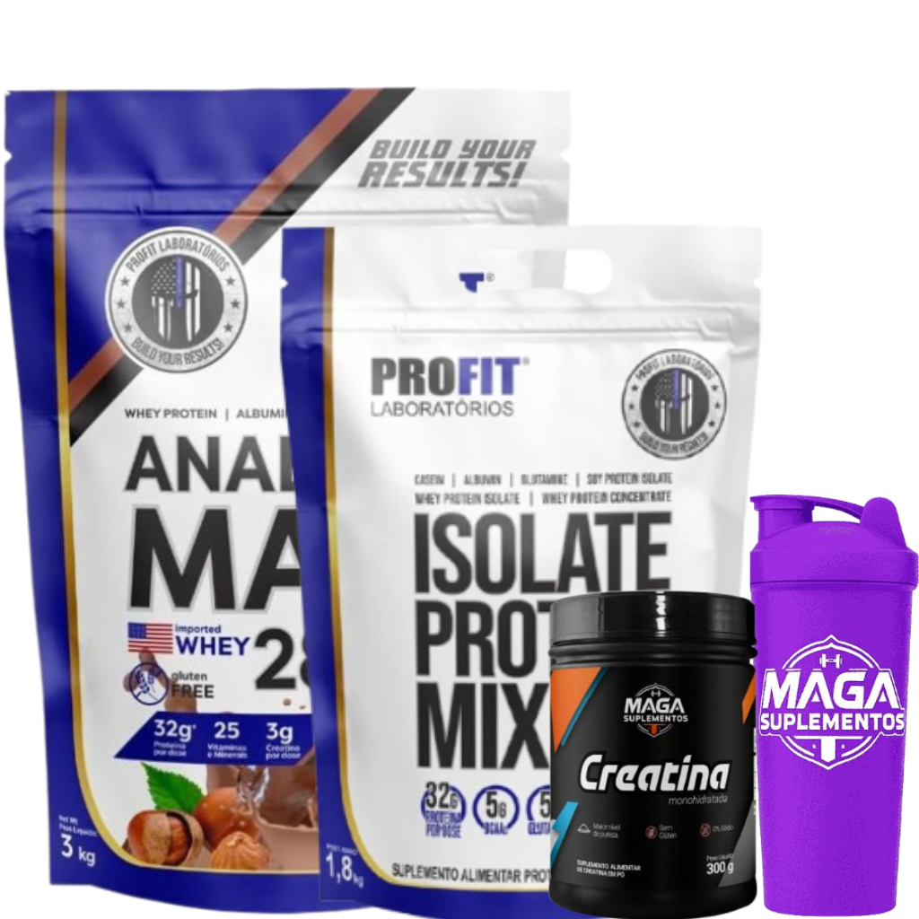 Kit Anabolic Mass 28500 Hypercalorico 3kg Profit+Isolate Protein Mix Profit Labs 1.8kg+Creatina Monohidratada+ Coquet.