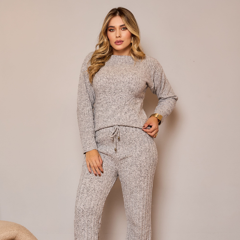 Conjunto Feminino Tricot Blusa e Calça Pantalona Inverno Moda Tricô Mousse