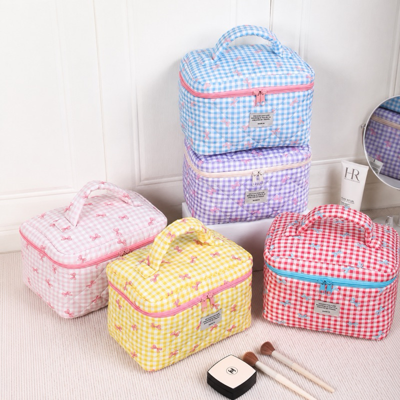 Necessaire Feminina Xadrez Laço Grande Capacidade Bolsa Organizadora Porta Maquiagem Viagem