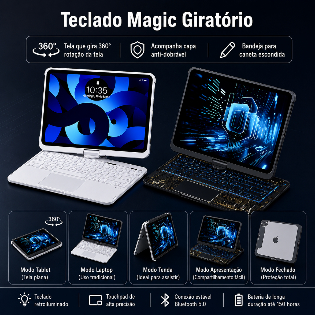 Capa Giratória 360 com Teclado Transparente para iPad, Trackpad Inteligente
