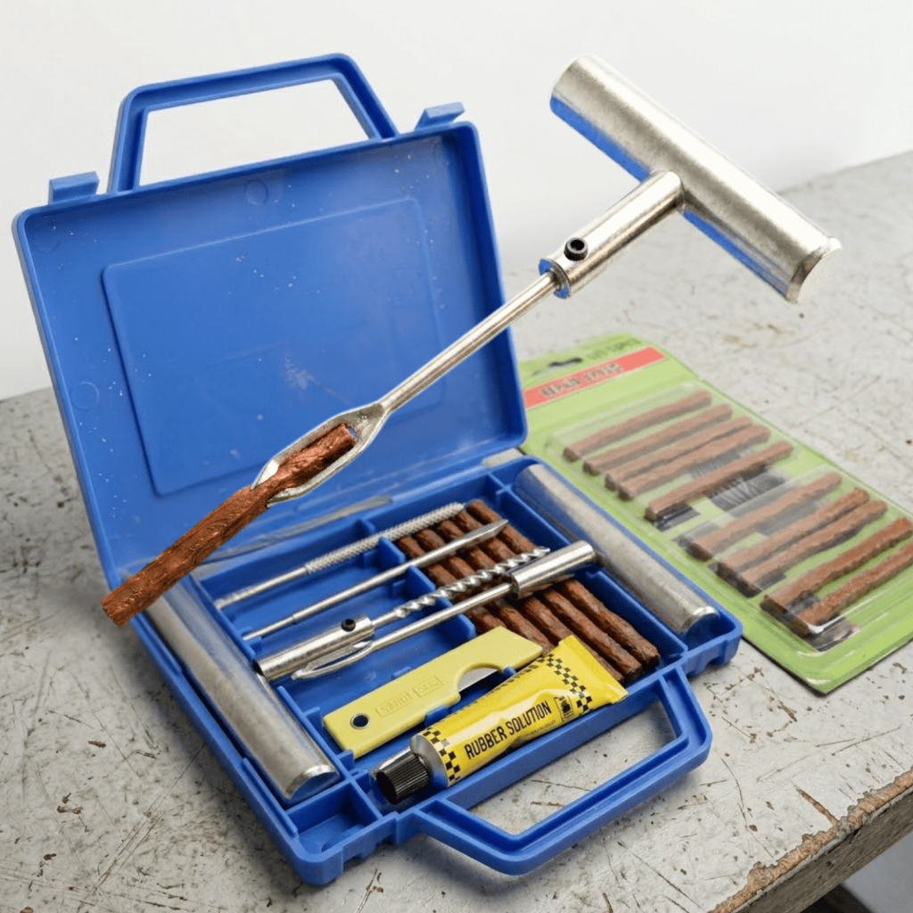 Kit Metal Remendo Conserto Reparo Furo Pneu Sem Camera Carro Moto Refil 15 Macarrão Tarugo C/ Maleta