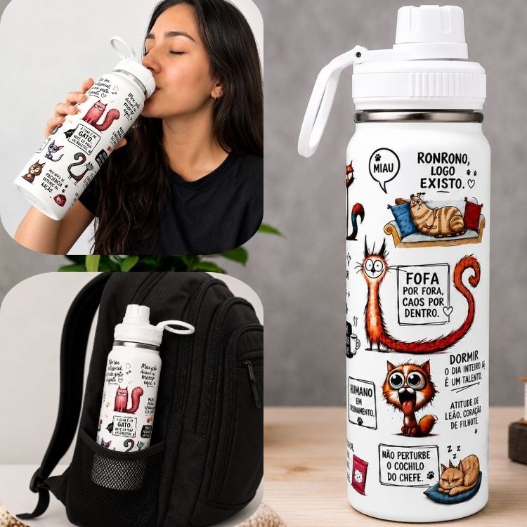 Garrafa Térmica 800ml Inox Gatos Academia Parede Dupla Tampa Alça Livre Premium Gravação UV Top
