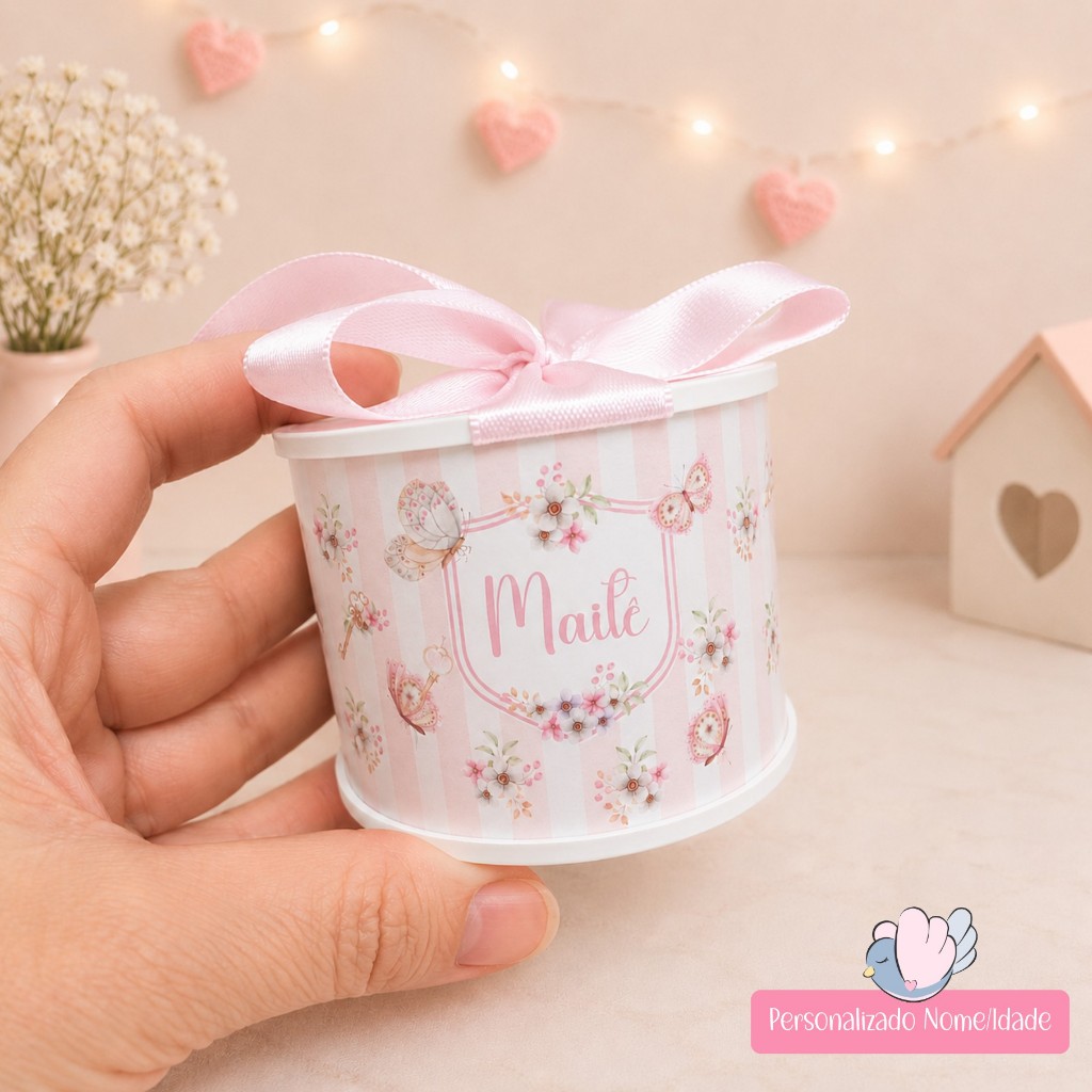 KIT TUBOLATA PERSONALIZADA 5X6-BORBOLETA AQUARELA-LEMBRANCINHAS-CHÁ DE BEBE-MATERNIDADE-ANIVERSÁRIO-BRILHO