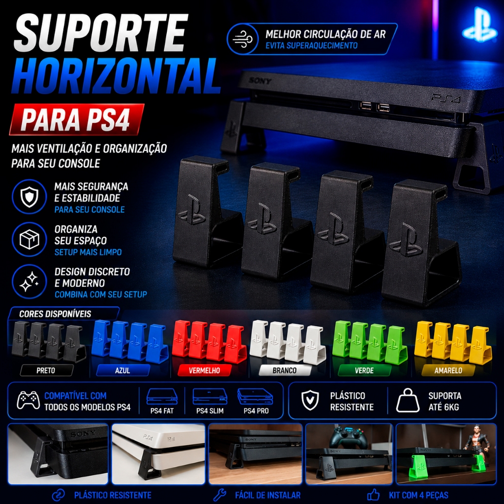 Suporte PS4 Slim Fat Pro Horizontal Pezinho Elevação Base Apoio Console Playstation 4 Kit 4 Peças