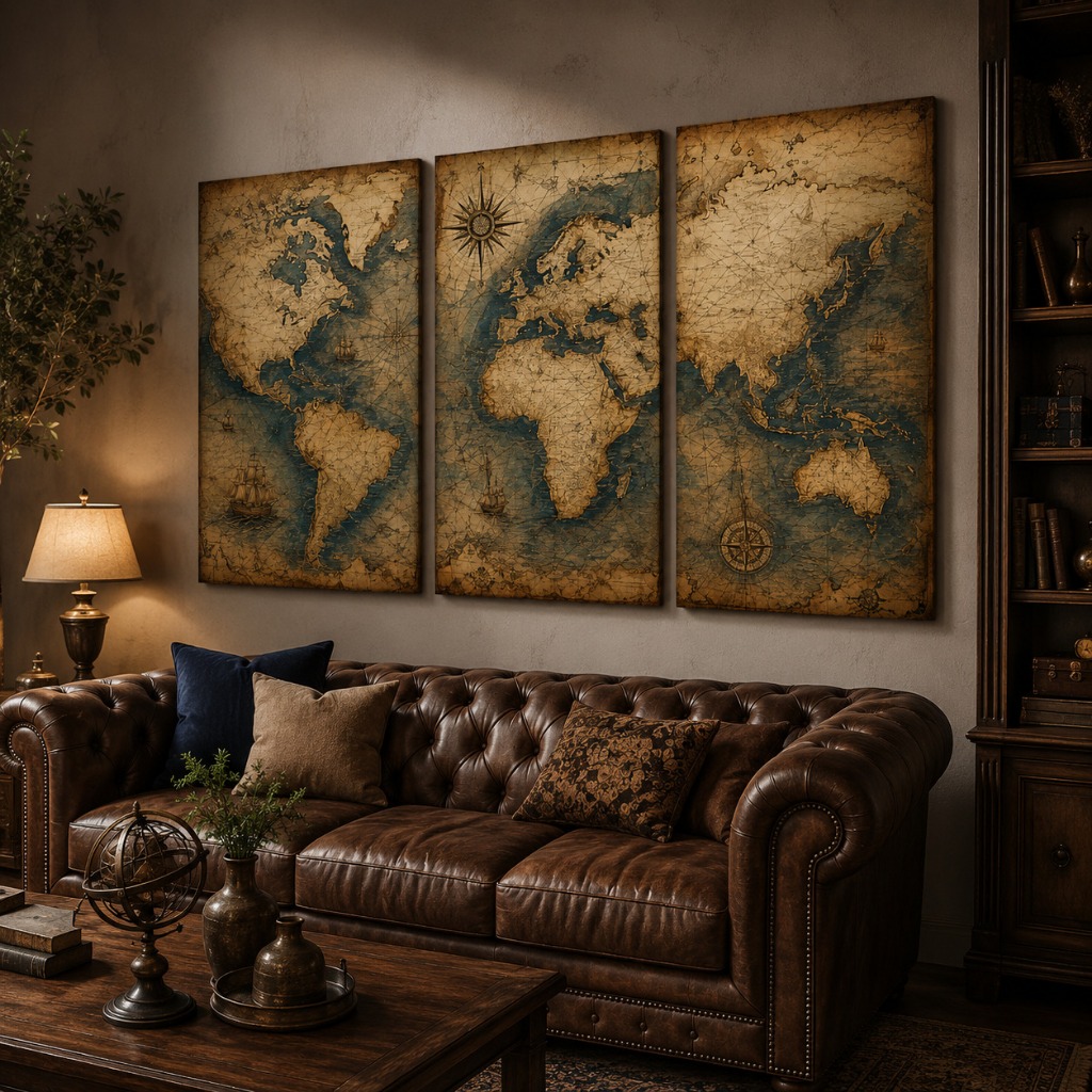 Quadro Decorativo Mapas Náuticos Vintage – Conjunto 3 Peças Premium Estilo Antigo Retrô Luxo