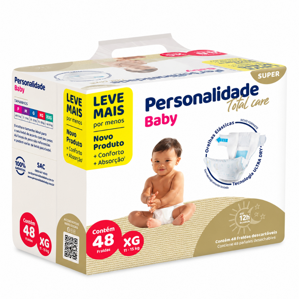 Fralda Descartável XG Bebe Infantil Personalidade Baby Total Care Bag 48un