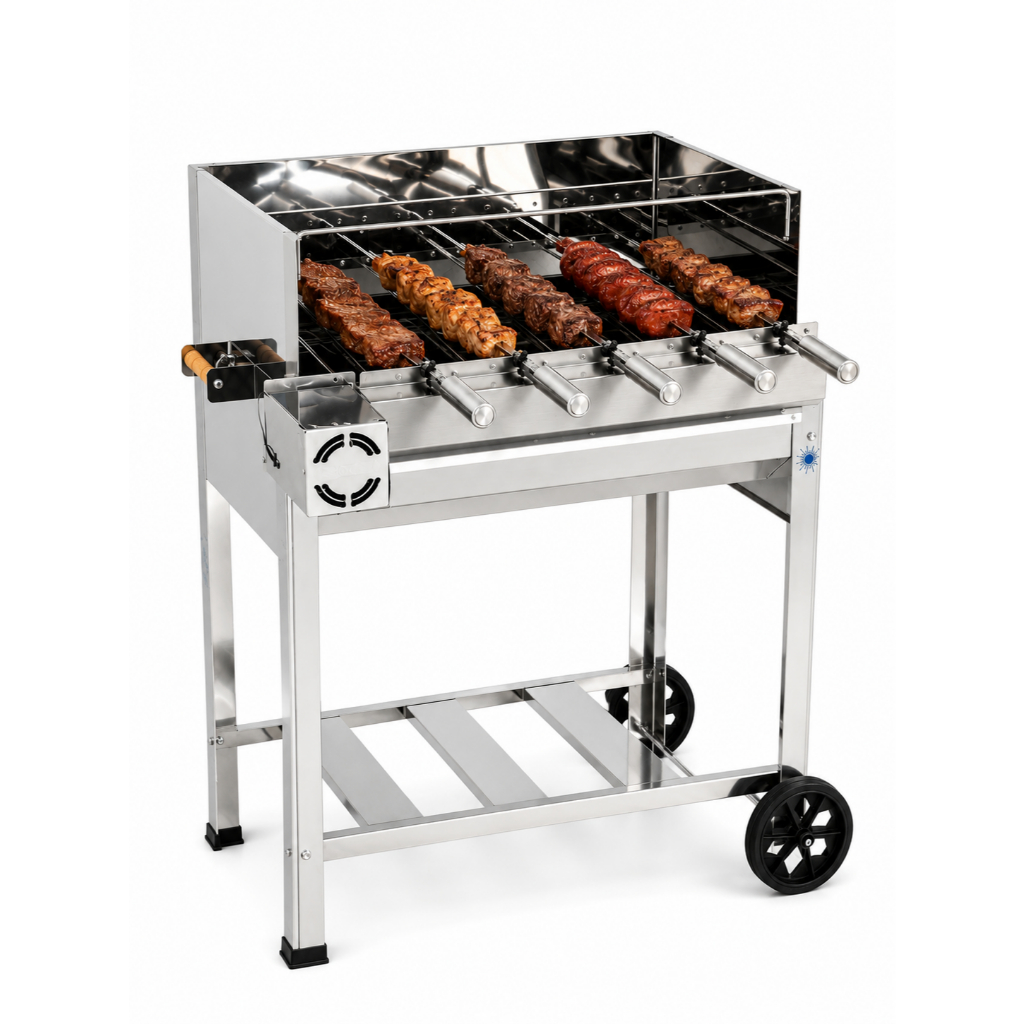 Churrasqueira Inox Completa Com Grill Giratório de 5 Espetos Coxo do Carvão Rodinhas e Puxador