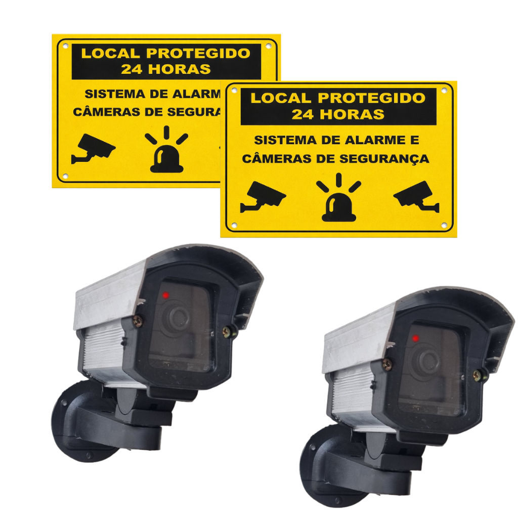 Kit Segurança 2 Câmeras Fake Com Led + 2 Placas Local Protegido 24h