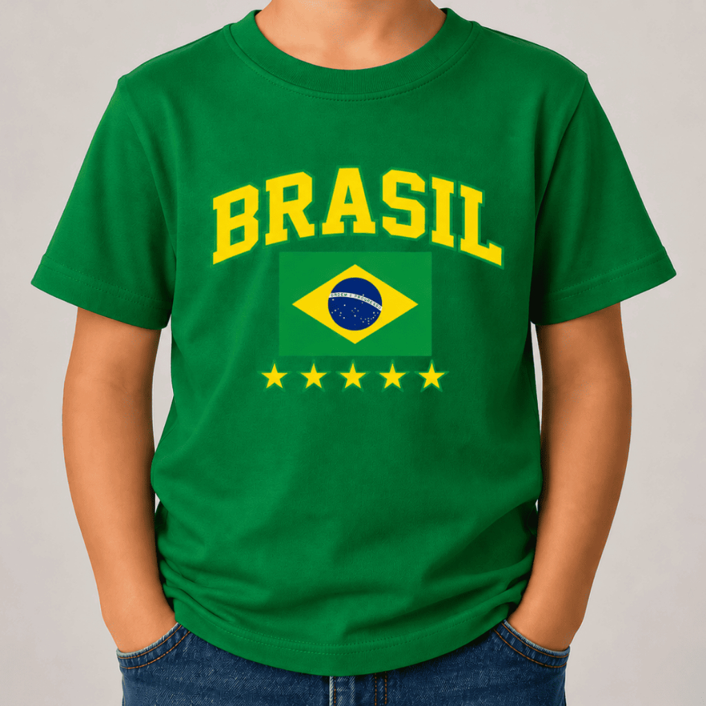 Camiseta Infantil Copa do Mundo Unissex Menino Menina Bandeira Brasil 100% Algodão - Diversas Cores