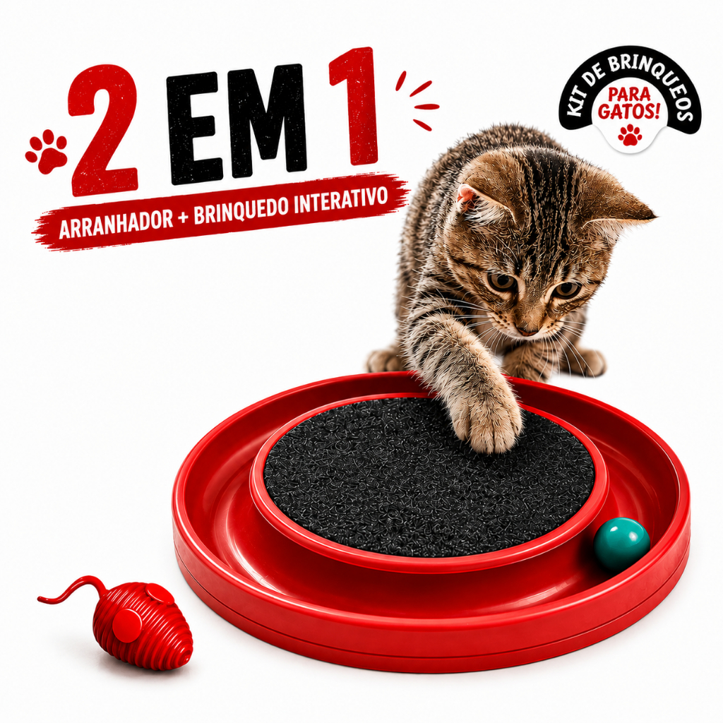 Kit Brinquedos para Gatos Arranhador Redondo com Bolinha Interativo + Ratinho - Especial 2 em 1