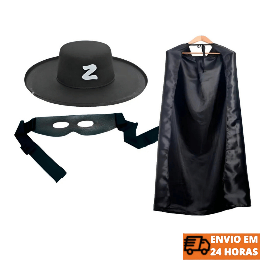 Fantasia Do Zorro 3 Peças Capa Chapéu Máscara Para Bailes A Fantasia, Festas E Carnaval Juvenil Adulto  Unissex