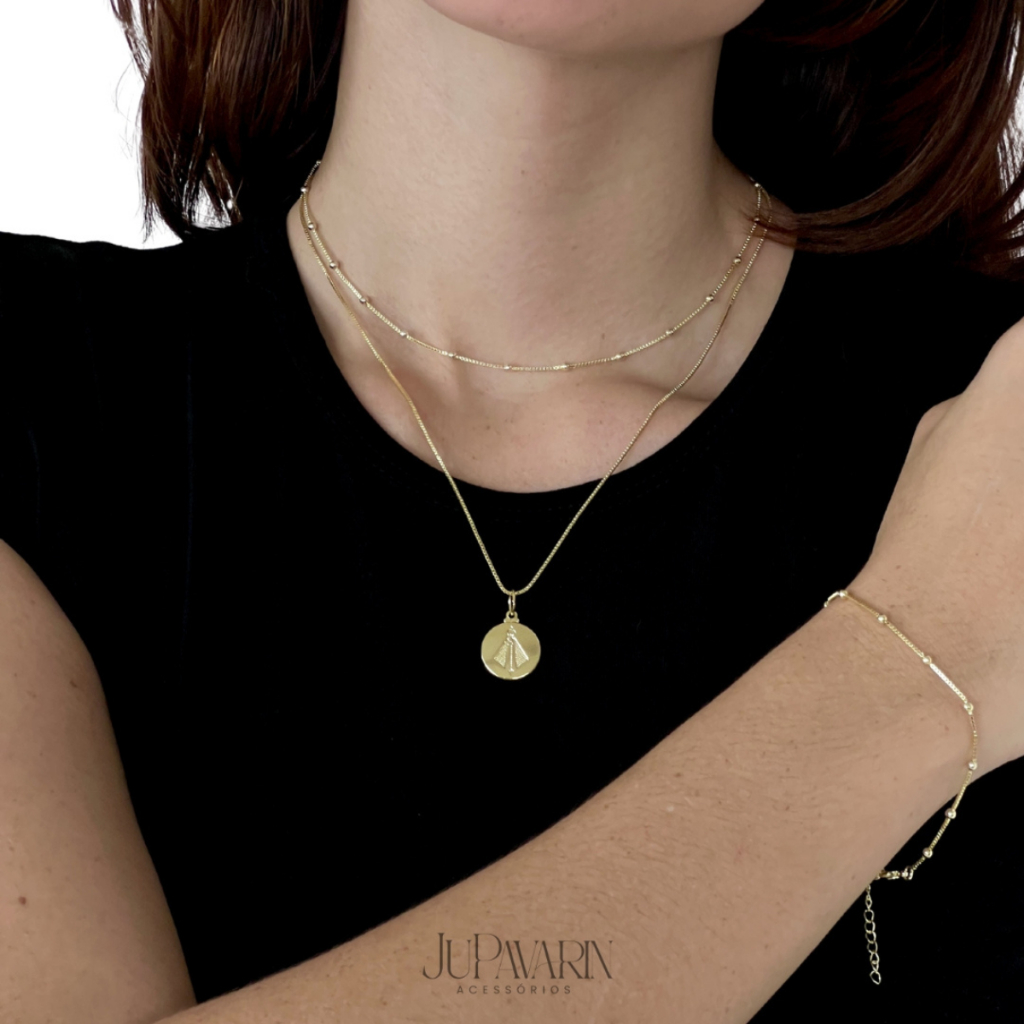 Conjunto Semijoia Feminino Banhado Ouro 18k Colar + Choker + Pulseira + Pingente Nossa Senhora