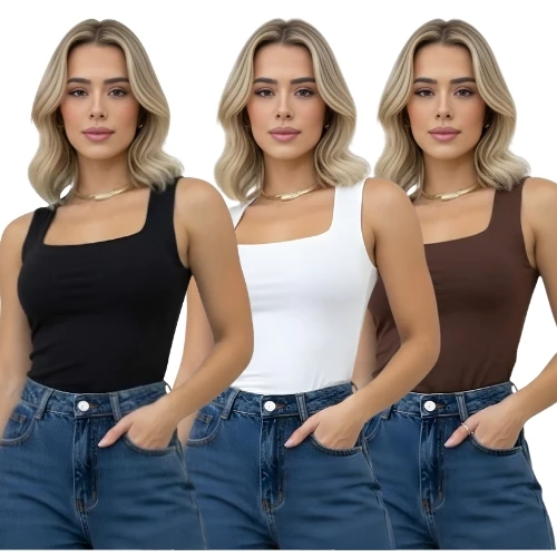 Kit 3 Blusa Regata Decote Quadrado Reto Suplex Lisa Blogueira Tendência