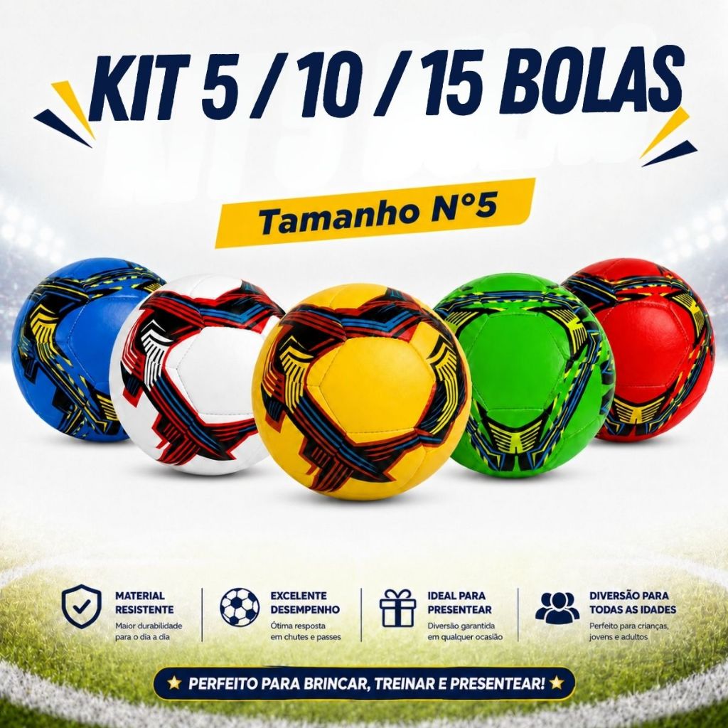 Kit 5 / 10 ou 15 Bola de Futebol De Campo Grande nº 5 Tamanho Oficial Cores Sortidas, Resistente