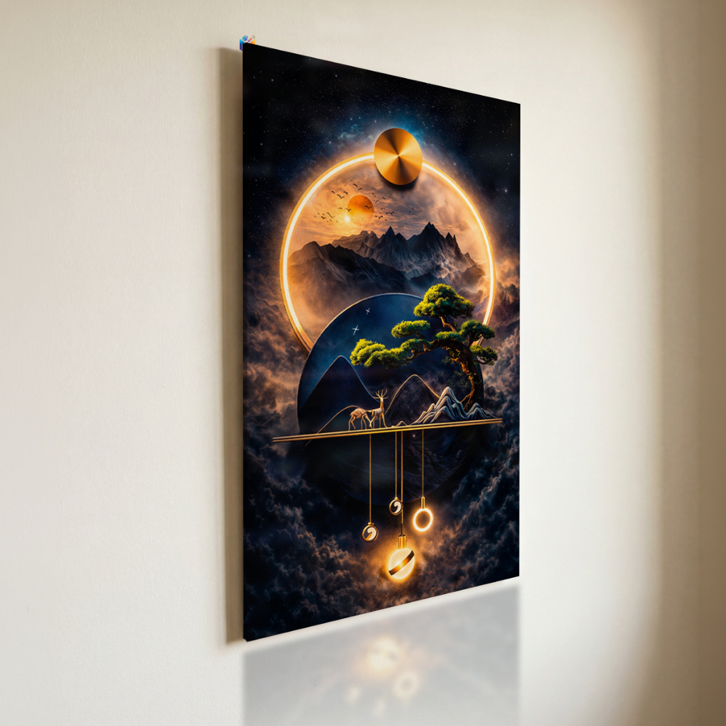 Quadro Decorativo Luxo Paisagem Cósmica Dourada – Arte Moderna Geométrica com Montanhas e Árvore | Quadro Premium Sala Q