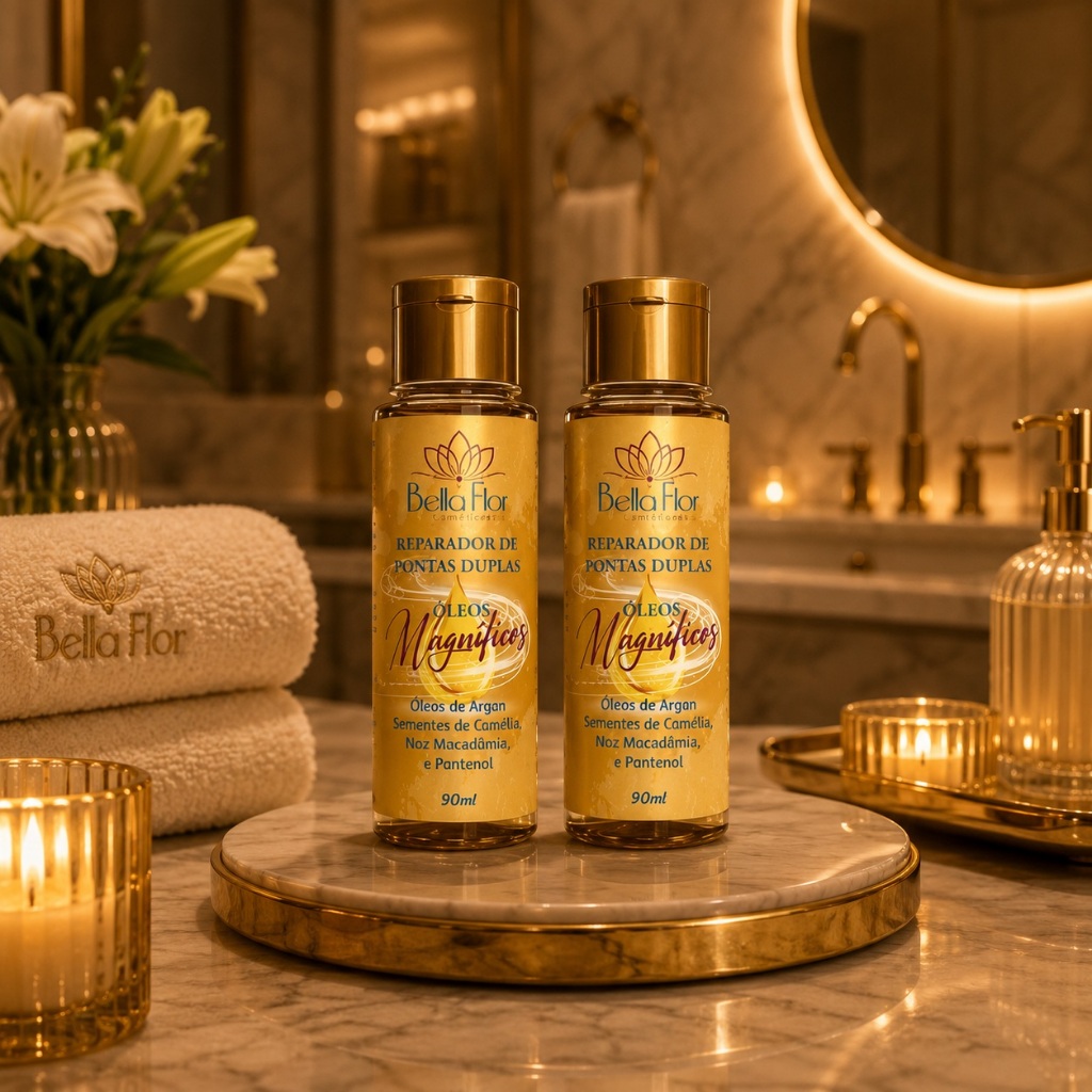 Kit 2 Reparadores de Pontas Óleos Magníficos 90ml com Argan, D-Pantenol, Camélia e Macadâmia Bella Flor Profissional