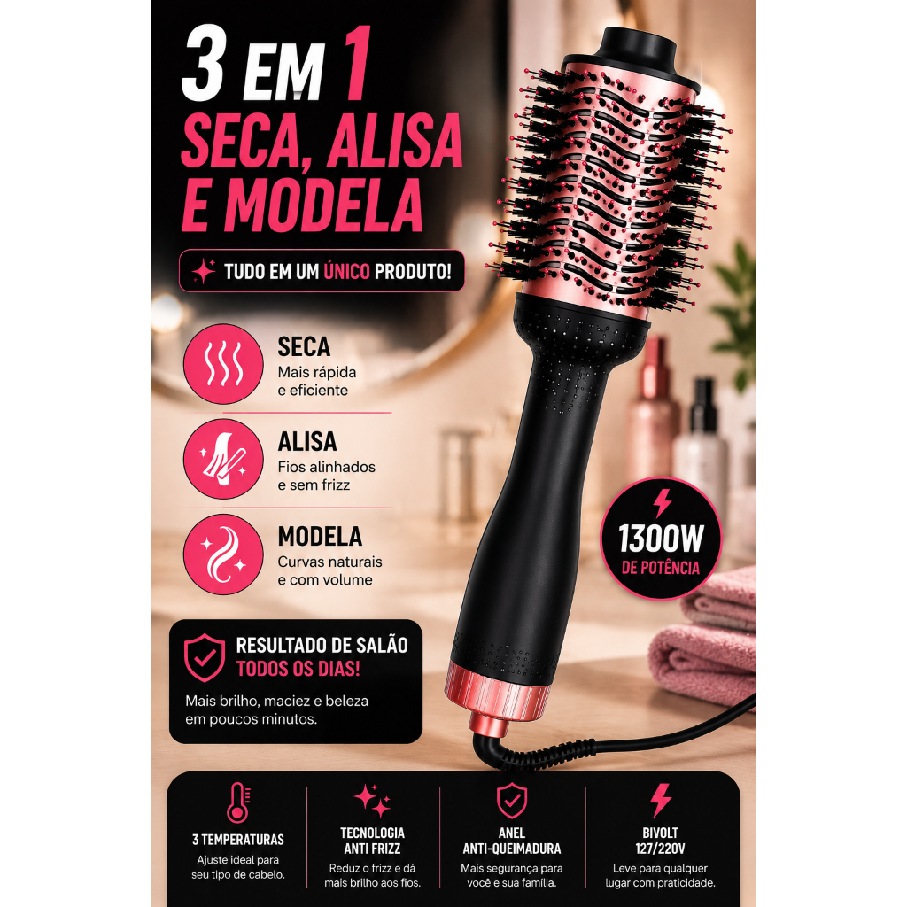 Escova Secadora Cabelo Profissional 1300W Bivolt Alisa Seca Modela Anti Frizz Com Íons