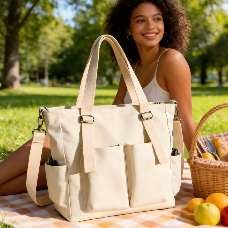 Bolsa Sacola Tote Nylon Resistente Feminina com Alça Dupla e Bolsos - Ideal para Faculdade, Trabalho e Dia a Dia