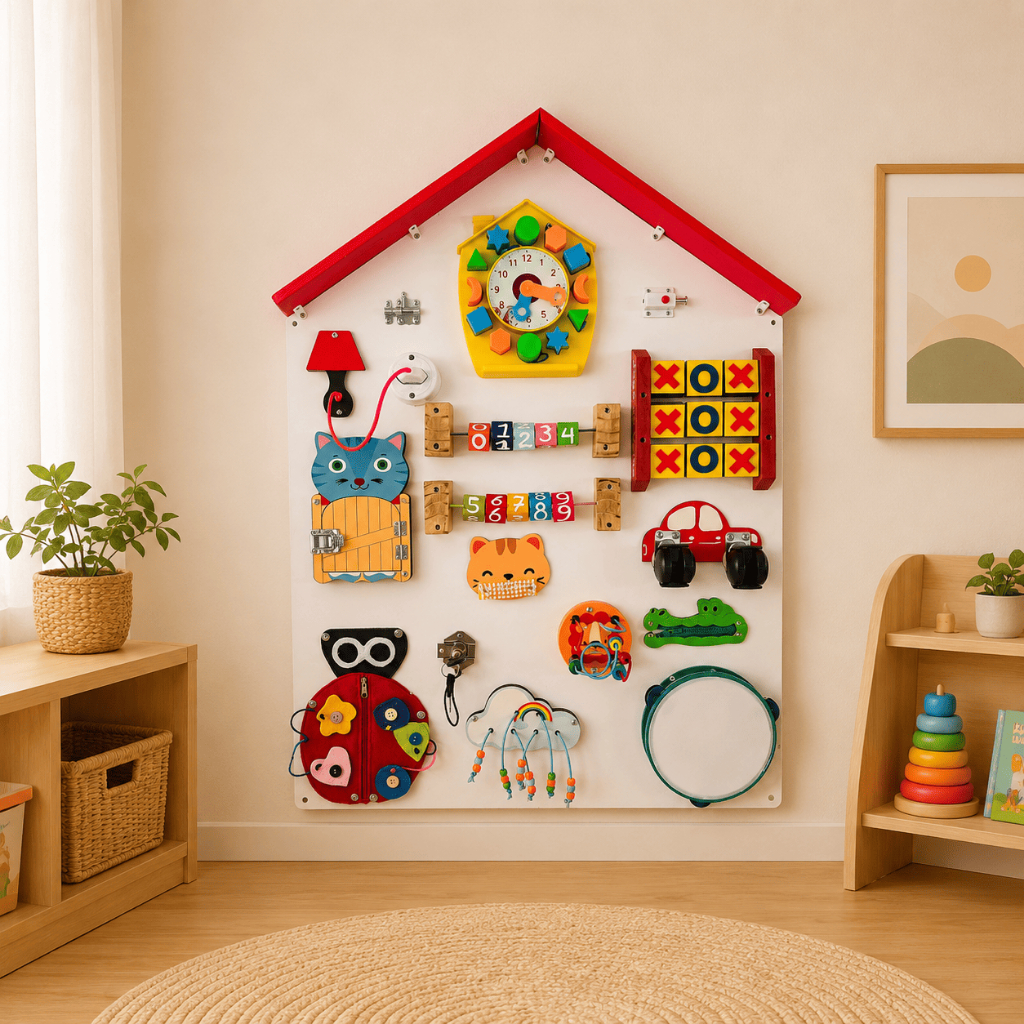 Painel Sensorial Montessoriano Educativo / Placa de Atividades/ Casinha 2 - com 60x80cm
