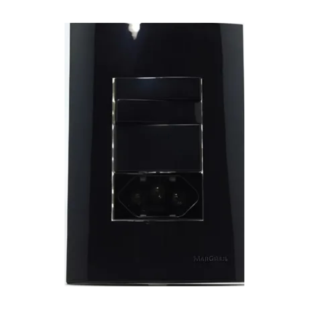 Conjunto 4x2 com 3 Teclas Interruptor Simples + 1 Tomada 20a Sleek Ebony Preto Brilhante Margirius