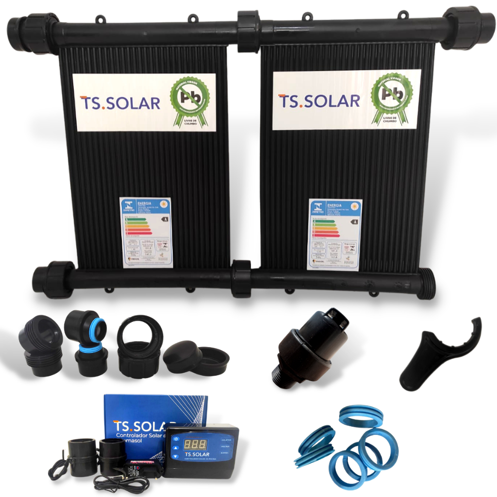 Aquecedor Solar Piscina TS Solar Kit 4 Placas 3m + Controlador + Válvula VQV + Kit Instalação