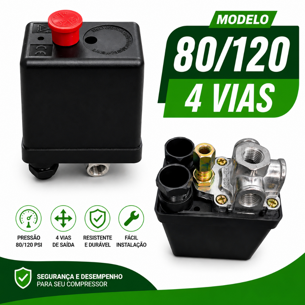 Pressostato Compressor De Ar Automático Botão 80-120 4 Vias