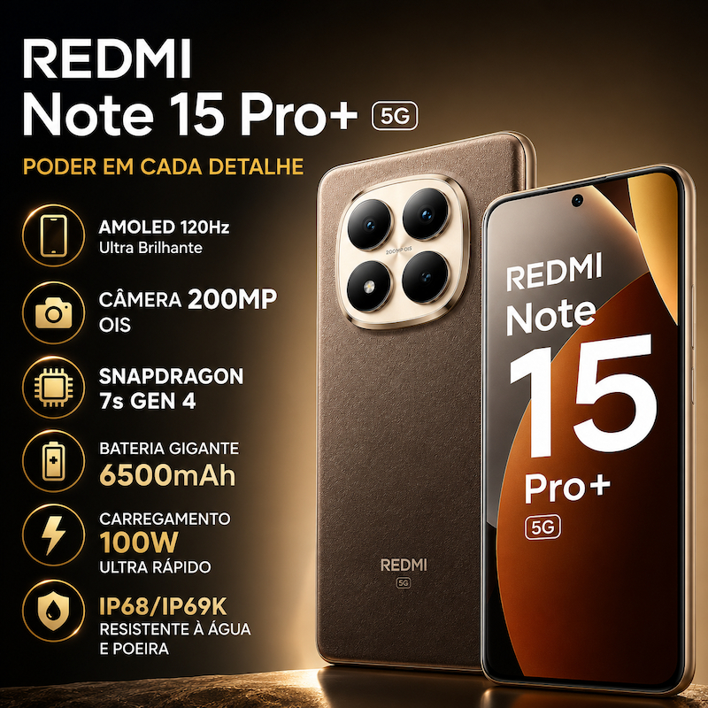 Celular Xiaomi Redmi Note 15 Pro+ (Plus) 5G, Tela Amoled 6.83", Câmera 200MP, Versão Global Original