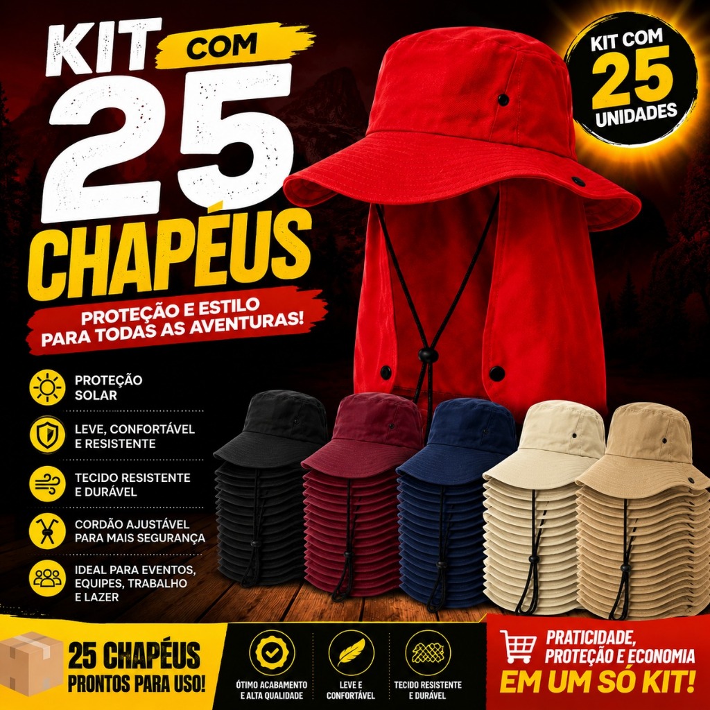 Kit com 25 Chapéus Australianos UV Aba Larga com Proteção de Pescoço para Pesca, Camping, Trilha e Aventuras Outdoor
