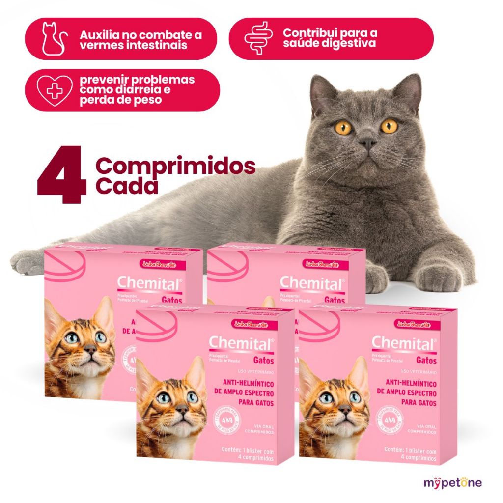Kit 4 Vermífugo Chemitec Chemital para Gatos - 4 Comprimidos