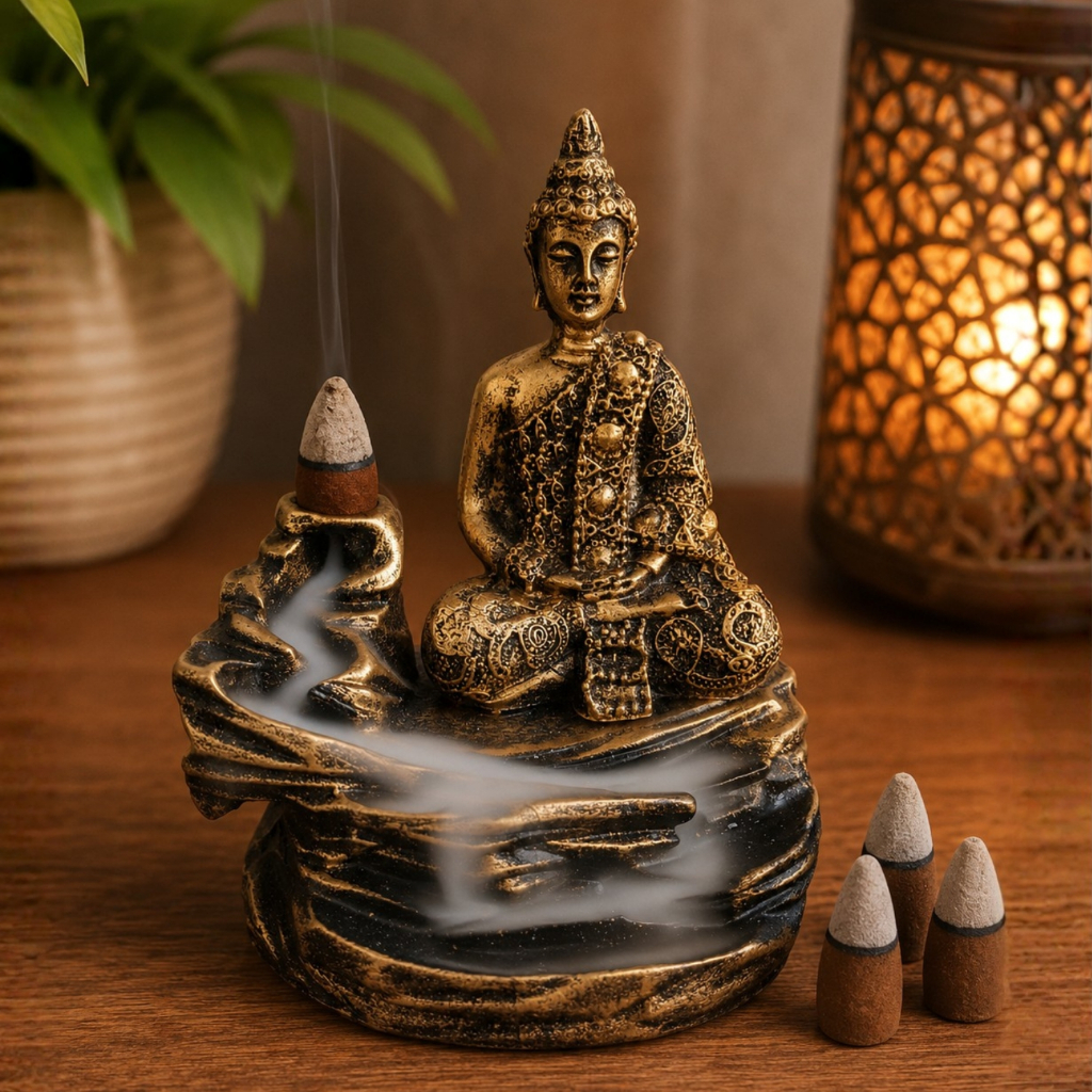 Imagem Incensário Cascata Buda Sidarta Resina Decorativo Porta Incenso Cone Zen Feng Shui Aromático