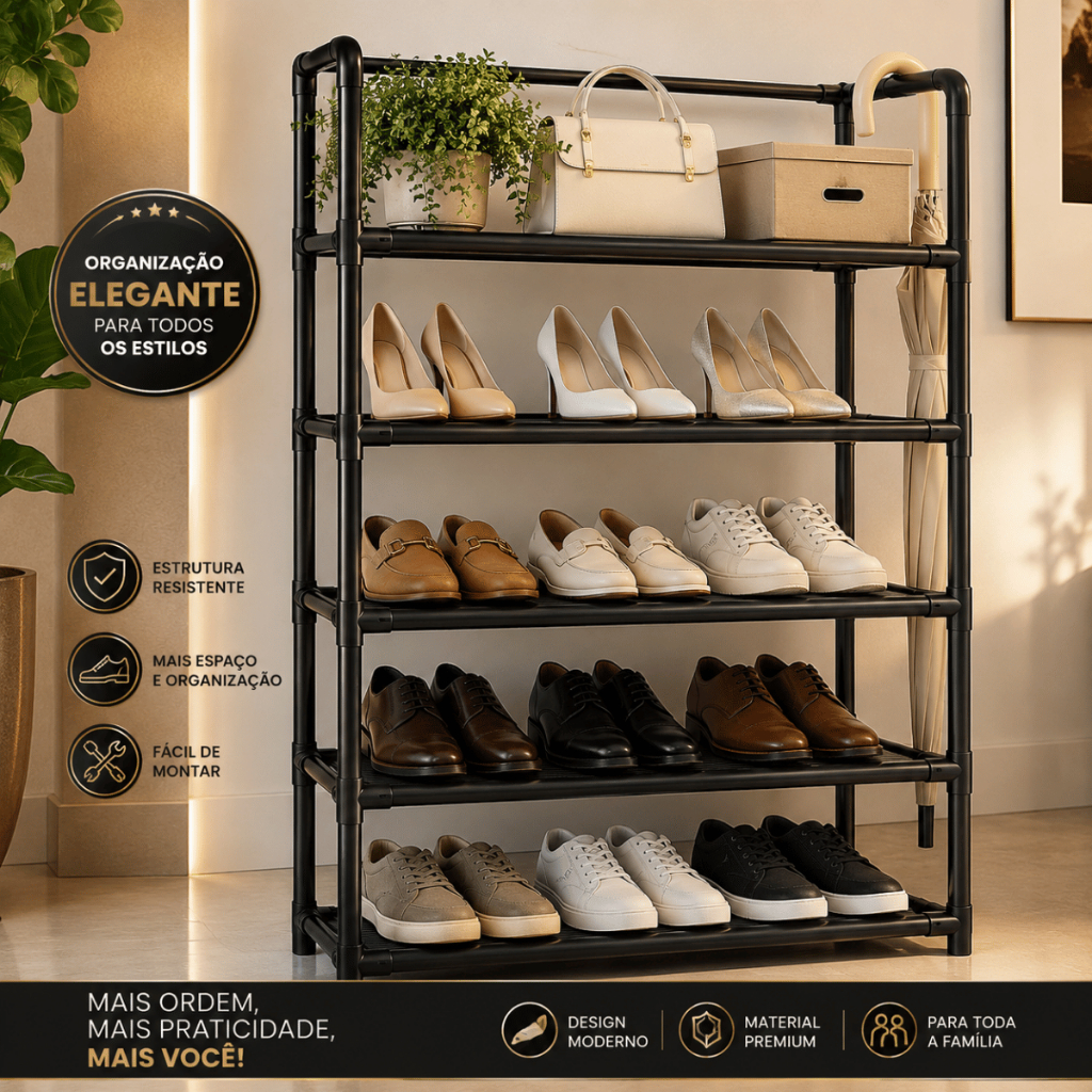 Estante Multiuso 5 Prateleiras Sapateira Organizador Quarto Closet Lavanderia Escritório Preta