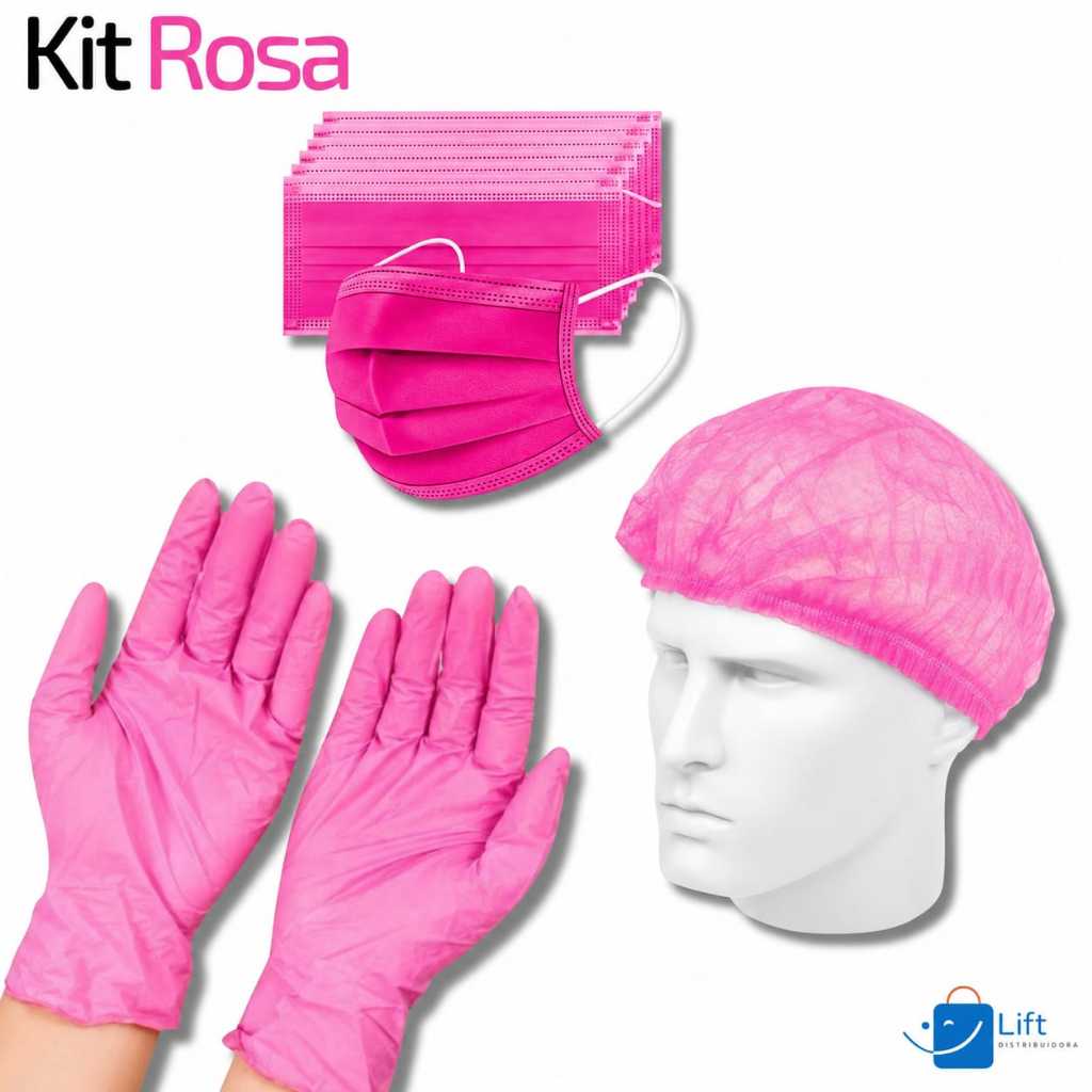Kit Rosa 100 Touca TNT+ 100 Luva Nitrilica+ 50 Máscara Descartável Tripla Camada Com Clipe Nasal