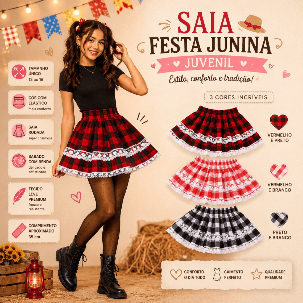 Saia Festa Junina Juvenil Menina Saia Xadrez Rodada Com Renda Tamanho Unico