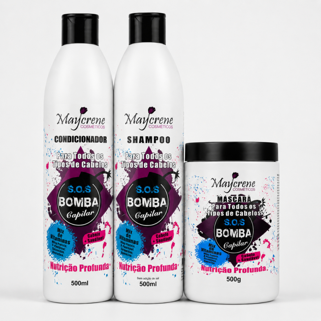 Kit Shampoo Condicionador Máscara Bomba de vitaminas Crescimento Cabelo Hidratação Maycrene