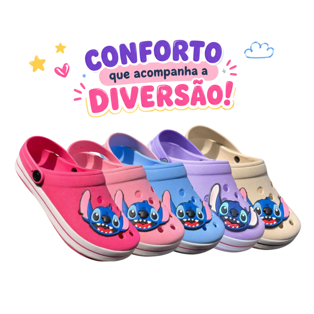 Babuche Sandalia Chinelo Stitch Personagens Azul Rosa Lilás Calce Facil Feminino Masculino Unissex Confortável