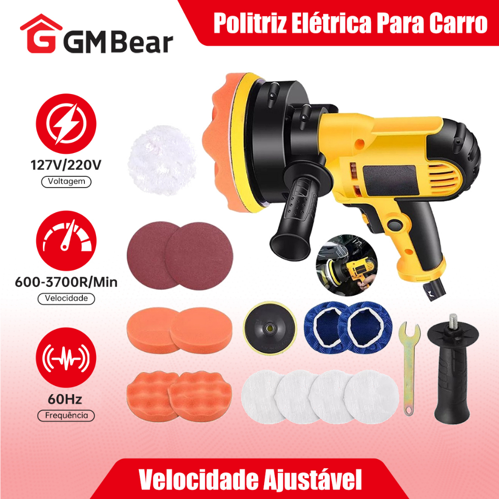 GM Bear Politriz Elétrica para Carro 110V/220V - Kit Completo com 16 Peças para Lixamento e Polimento Remoção de Riscos