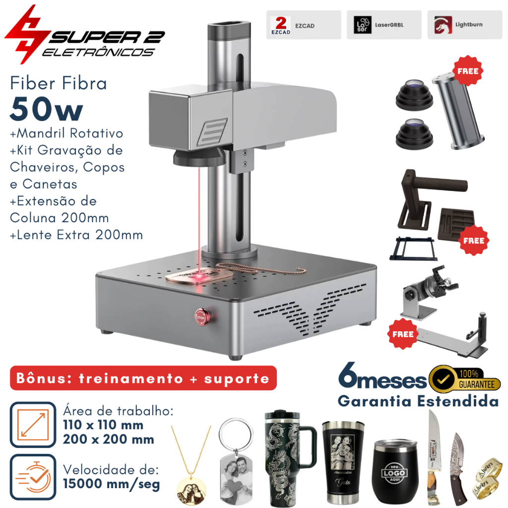 Máquina de Gravação a Laser Fiber Fibra Maxx 50W + Mandril Rotativo + Suporte e Treinamento