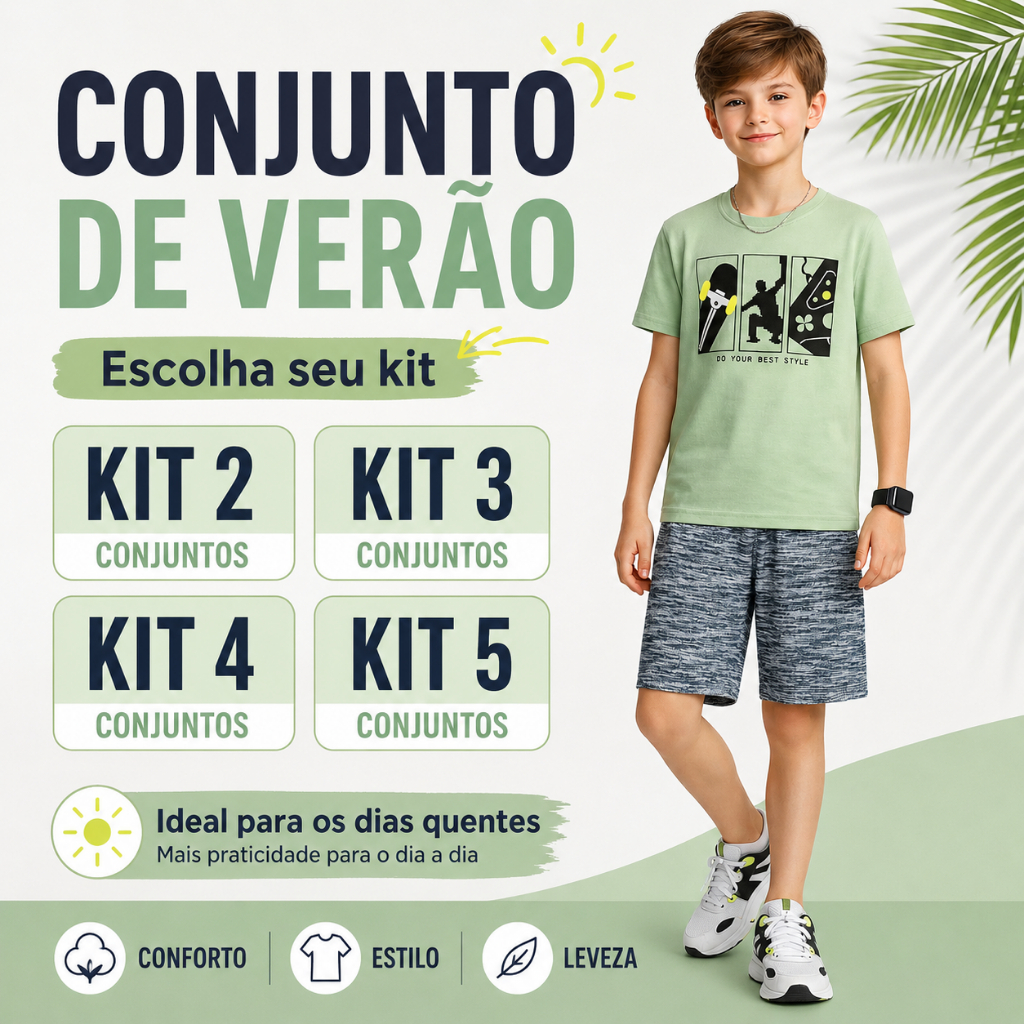 Conjunto Infantil Menino Sortido Verão Kit 2/3/4/5 Camiseta Bermuda Leve