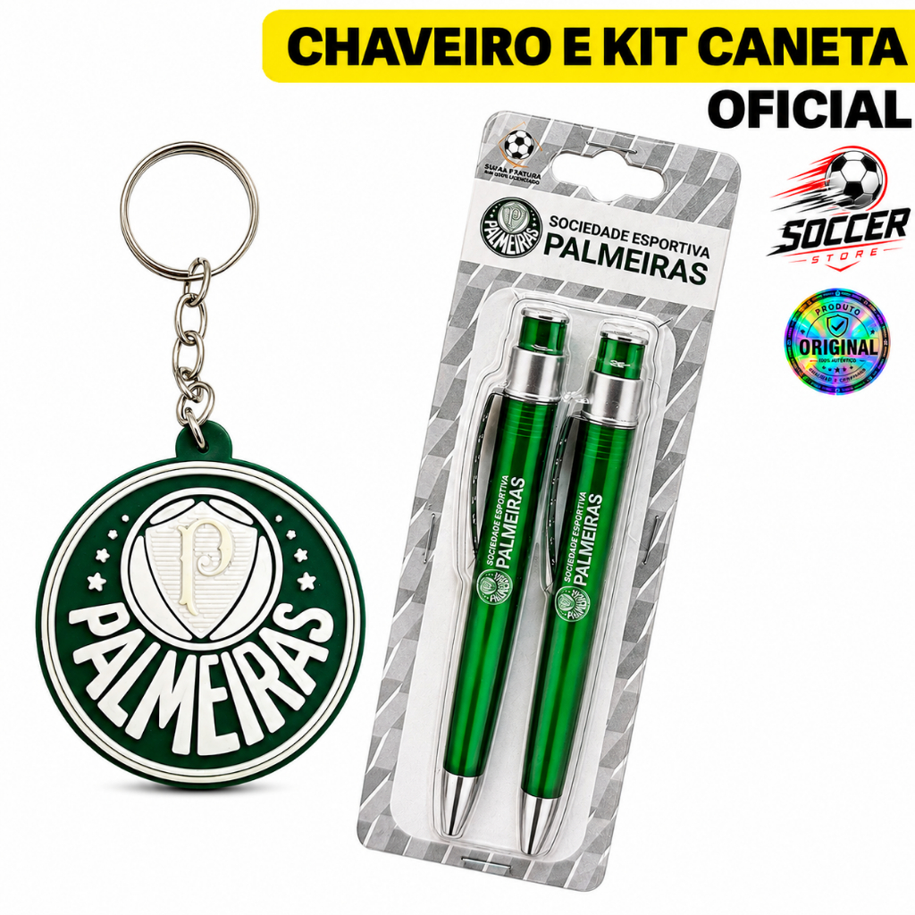 Kit Presente Conjunto Palmeiras Oficial Original Chaveiro Borracha Caneta Futebol Time Clube Esporte