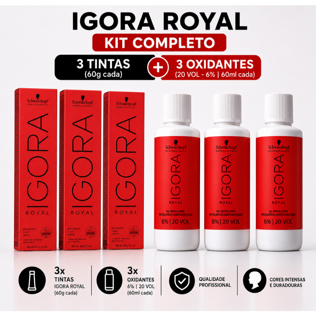 Kit Tinta Igora Royal 3un 6-1 + 3un Ox Água Oxigenada 20vol 60ml