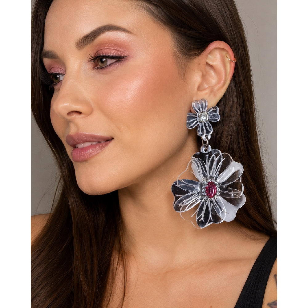 Brinco Feminino Prata Grande Flores Acrilico Pedraria Rosa Strass brilhante moderno luxo festa diferente Petunias