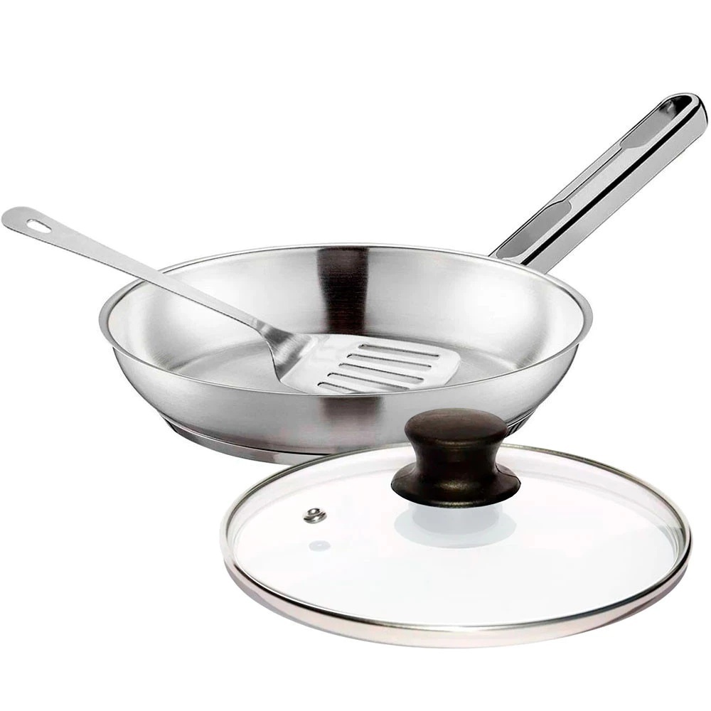 Frigideira com Tampa 20cm Tramontina Allegra em Aço Inox e Indução 1,3L e Espátula Vazada Inox