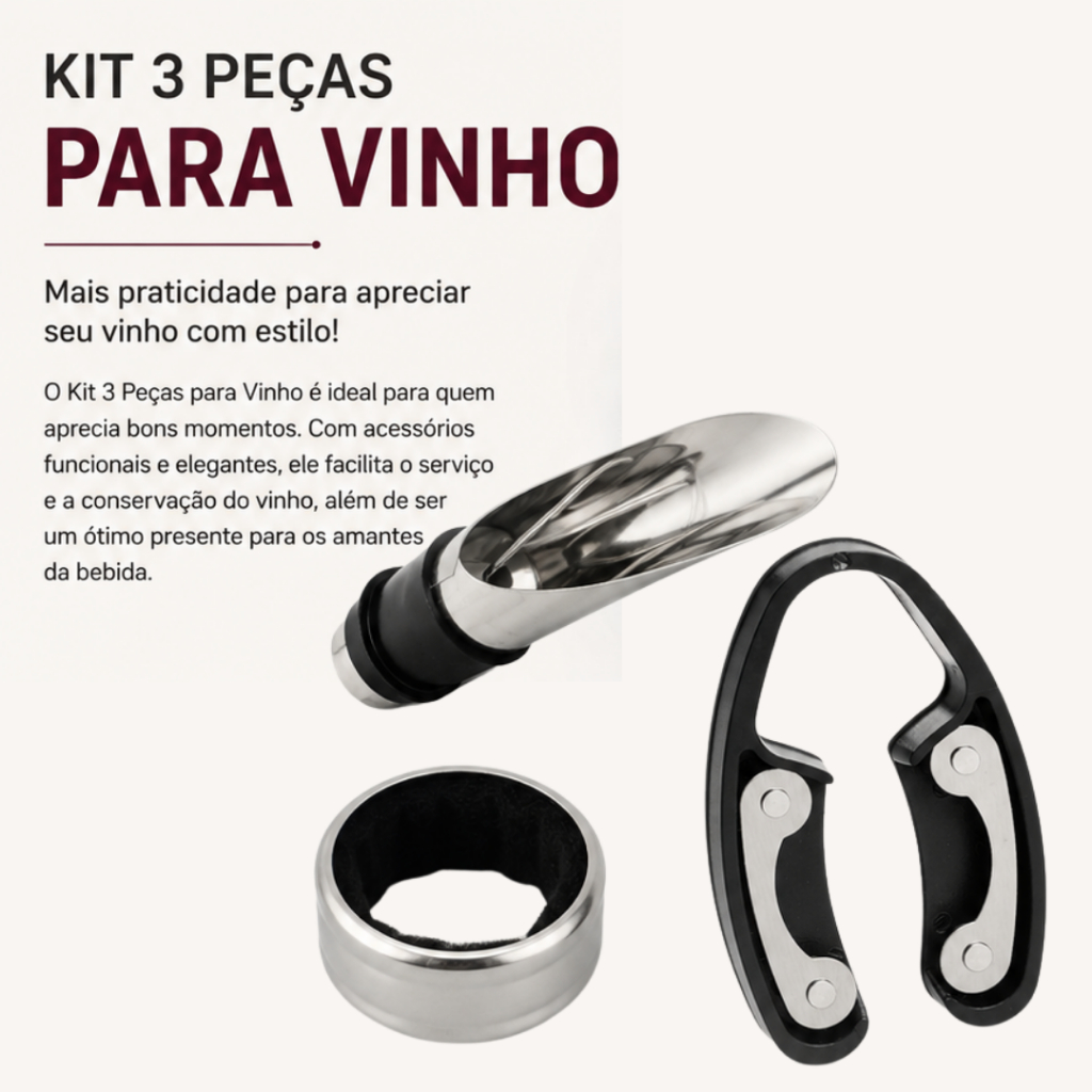 Kit para Vinho Jogo de Acessórios 3 Peças Para Vinho Bico Dosador Aerador com Tampa Cortador de Lacres Anel Corta Gotas